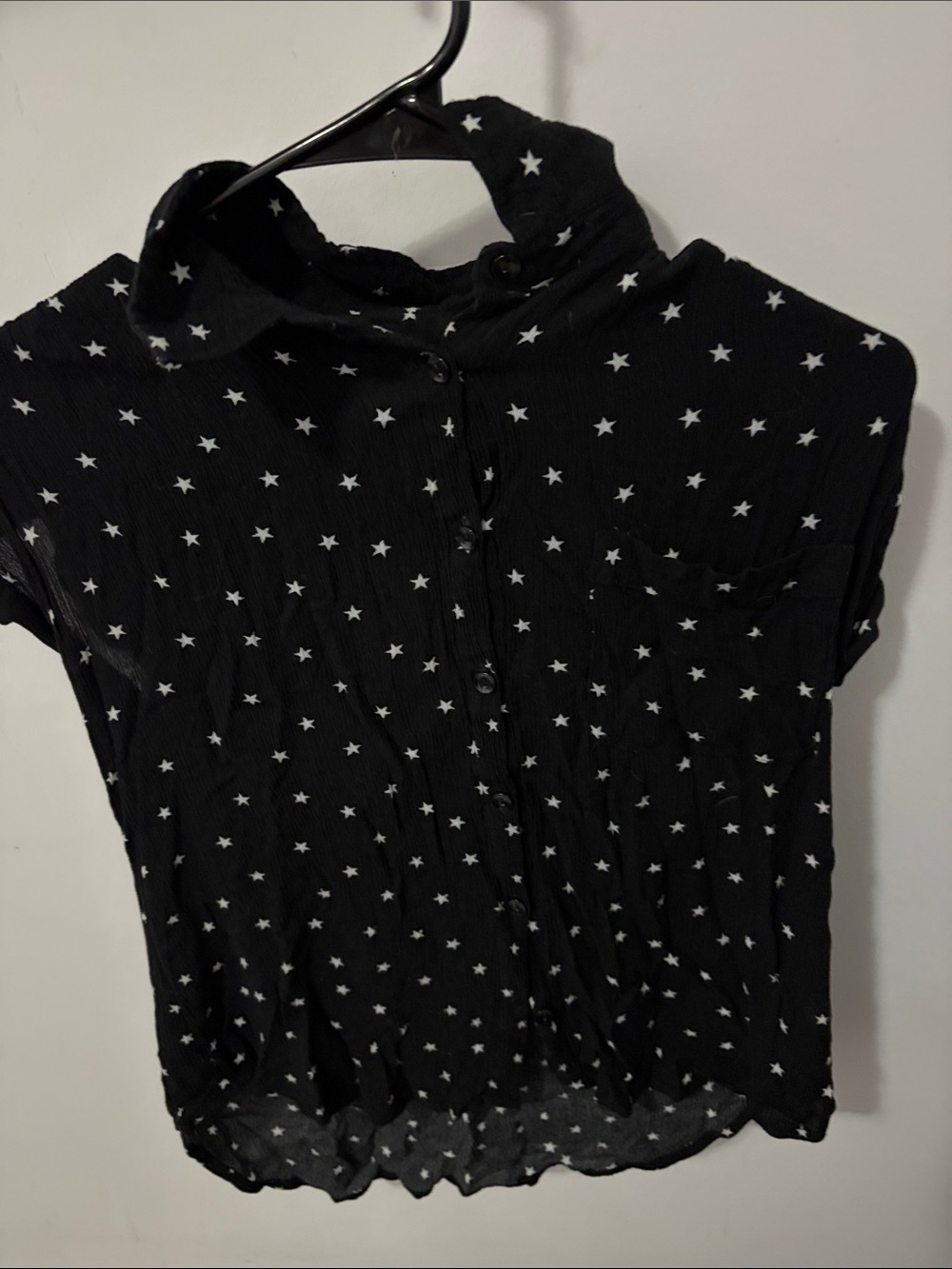Black Star Print Short Sleeve Button Front Top